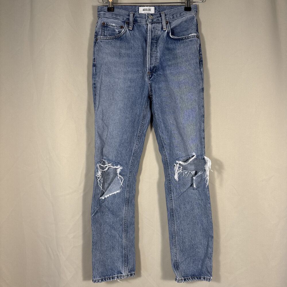 AGOLDE Jeans Womens 24 High Rise Distressed Ripped Knee Straight Leg Button Fly